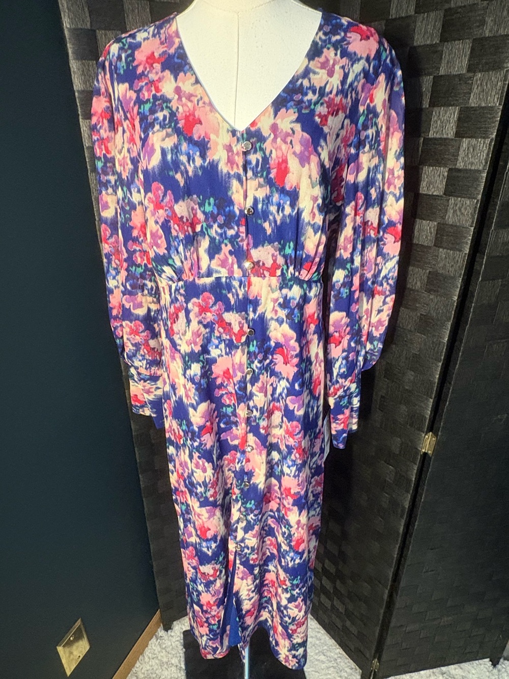 Julia Jordan Abstract Watercolor Floral Midi Dress Lantern Sleeve Boho Chiffon
